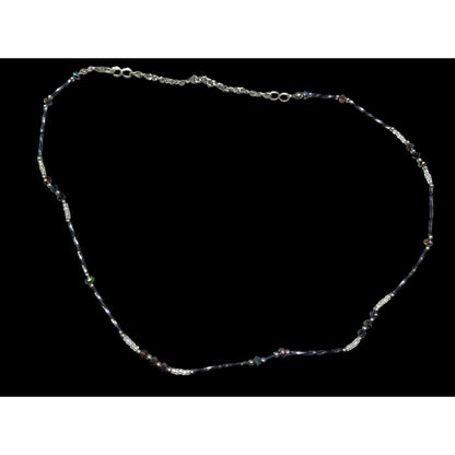Delicate Silver Tone & Black Twisted Tube Crystal Beaded Necklace