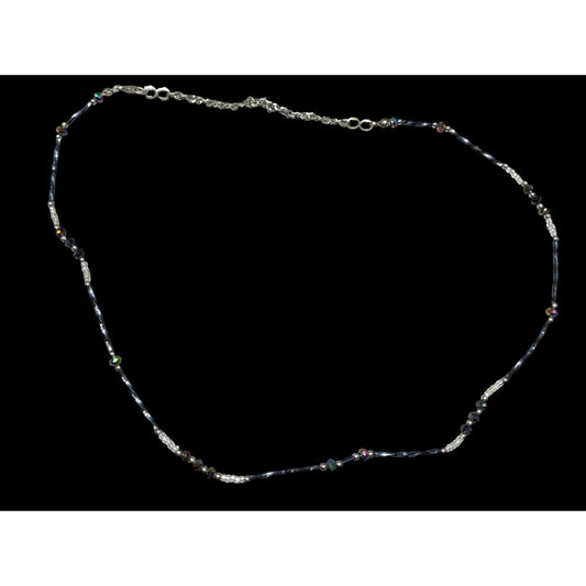Delicate Silver Tone & Black Twisted Tube Crystal Beaded Necklace