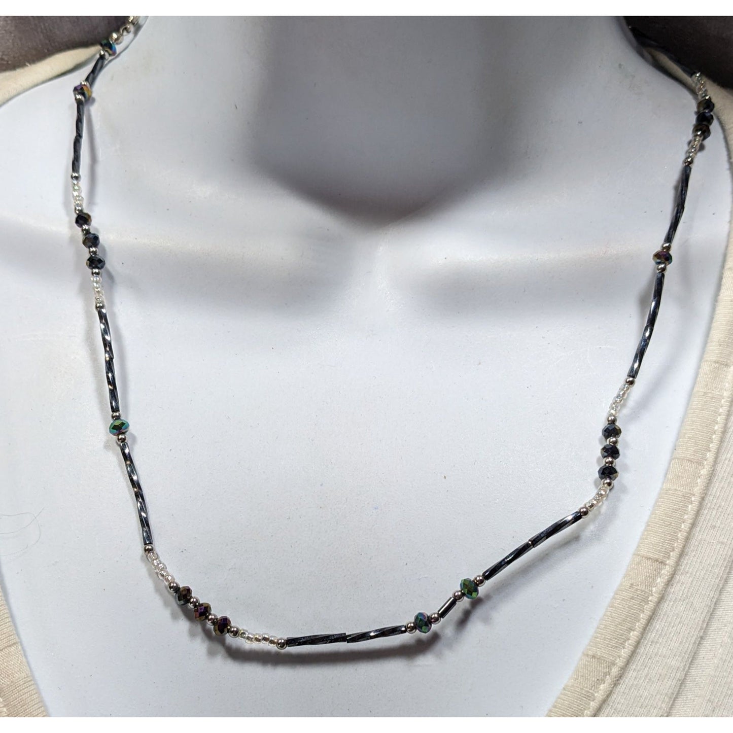 Delicate Silver Tone & Black Twisted Tube Crystal Beaded Necklace