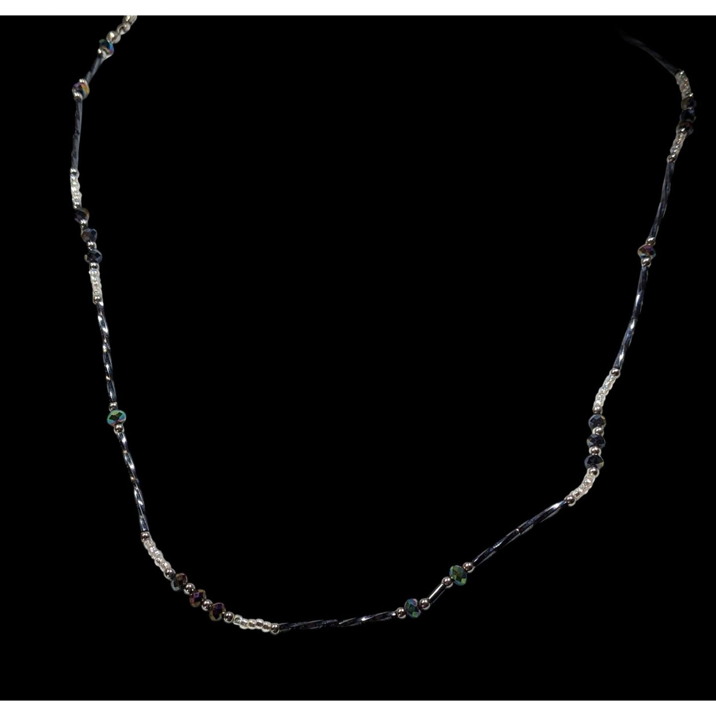 Delicate Silver Tone & Black Twisted Tube Crystal Beaded Necklace