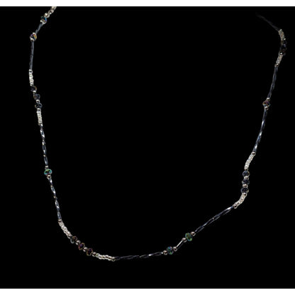 Delicate Silver Tone & Black Twisted Tube Crystal Beaded Necklace