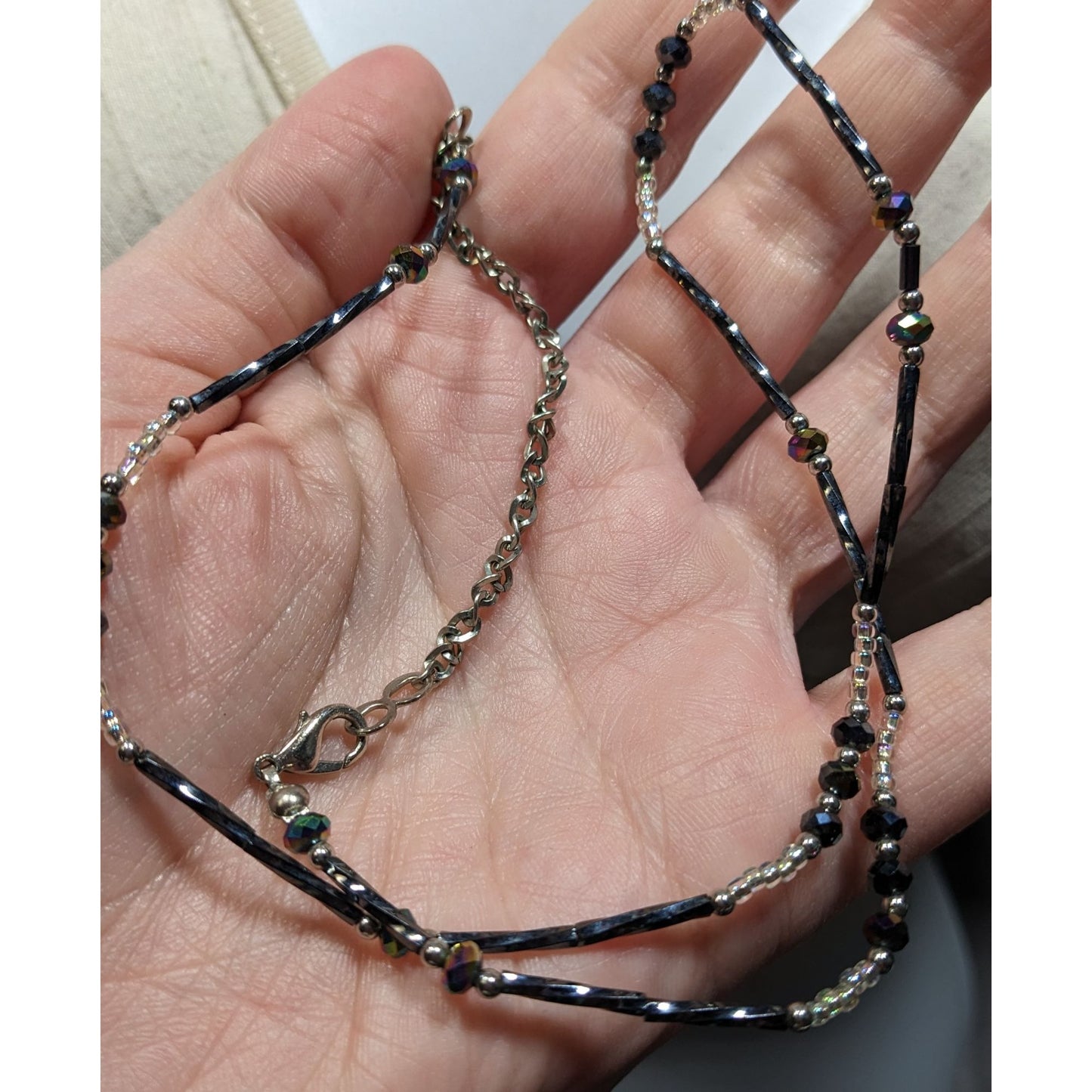 Delicate Silver Tone & Black Twisted Tube Crystal Beaded Necklace