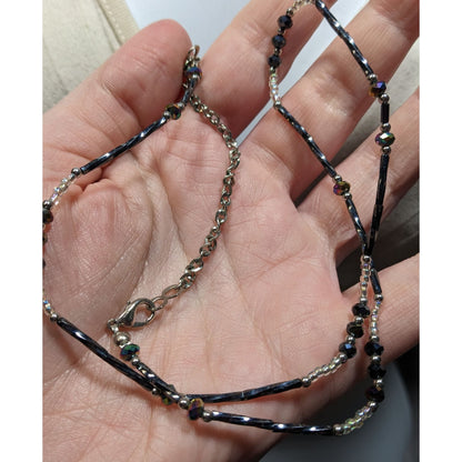 Delicate Silver Tone & Black Twisted Tube Crystal Beaded Necklace