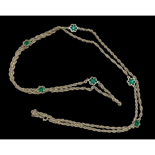 Vintage Floral Long Gold-Tone Rope Chain Necklace With Green Flower Accents