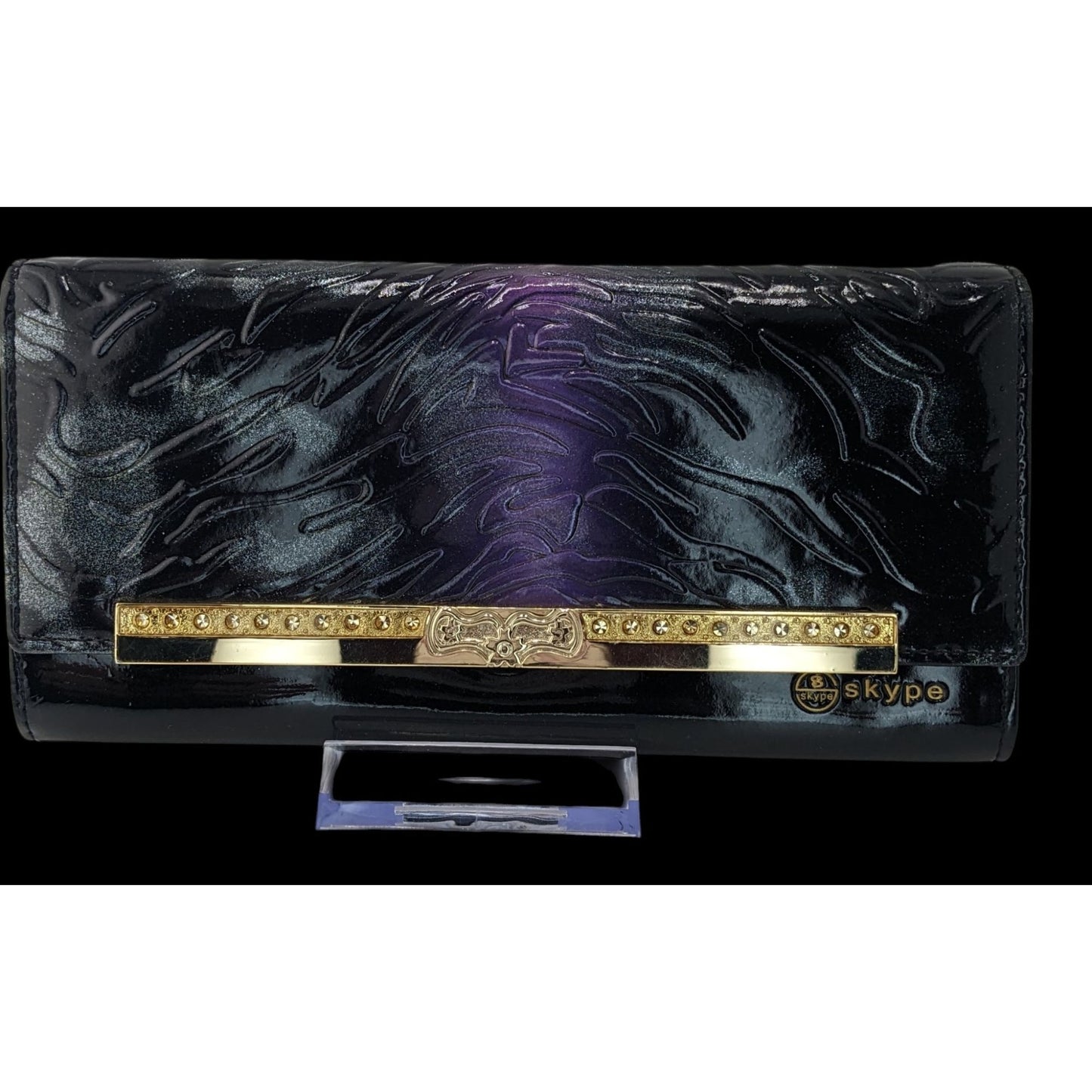 Gothic Skype Black And Purple Embossed Leather Wallet With Gold Accents