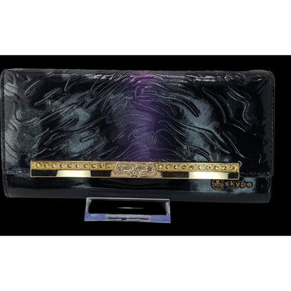 Gothic Skype Black And Purple Embossed Leather Wallet With Gold Accents