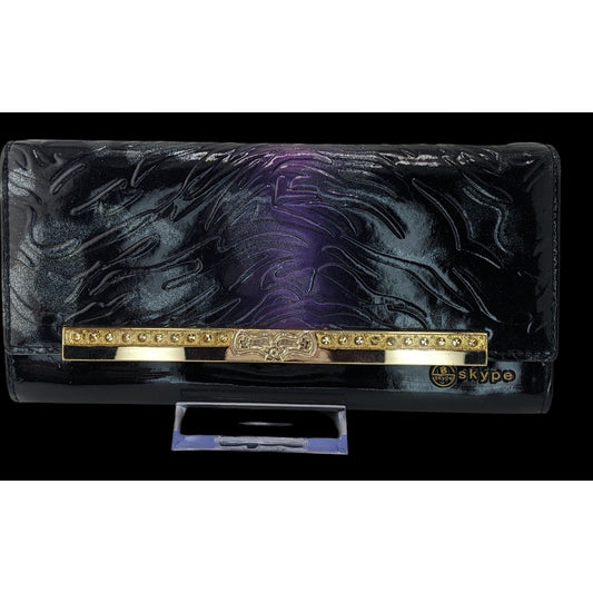 Gothic Skype Black And Purple Embossed Leather Wallet With Gold Accents