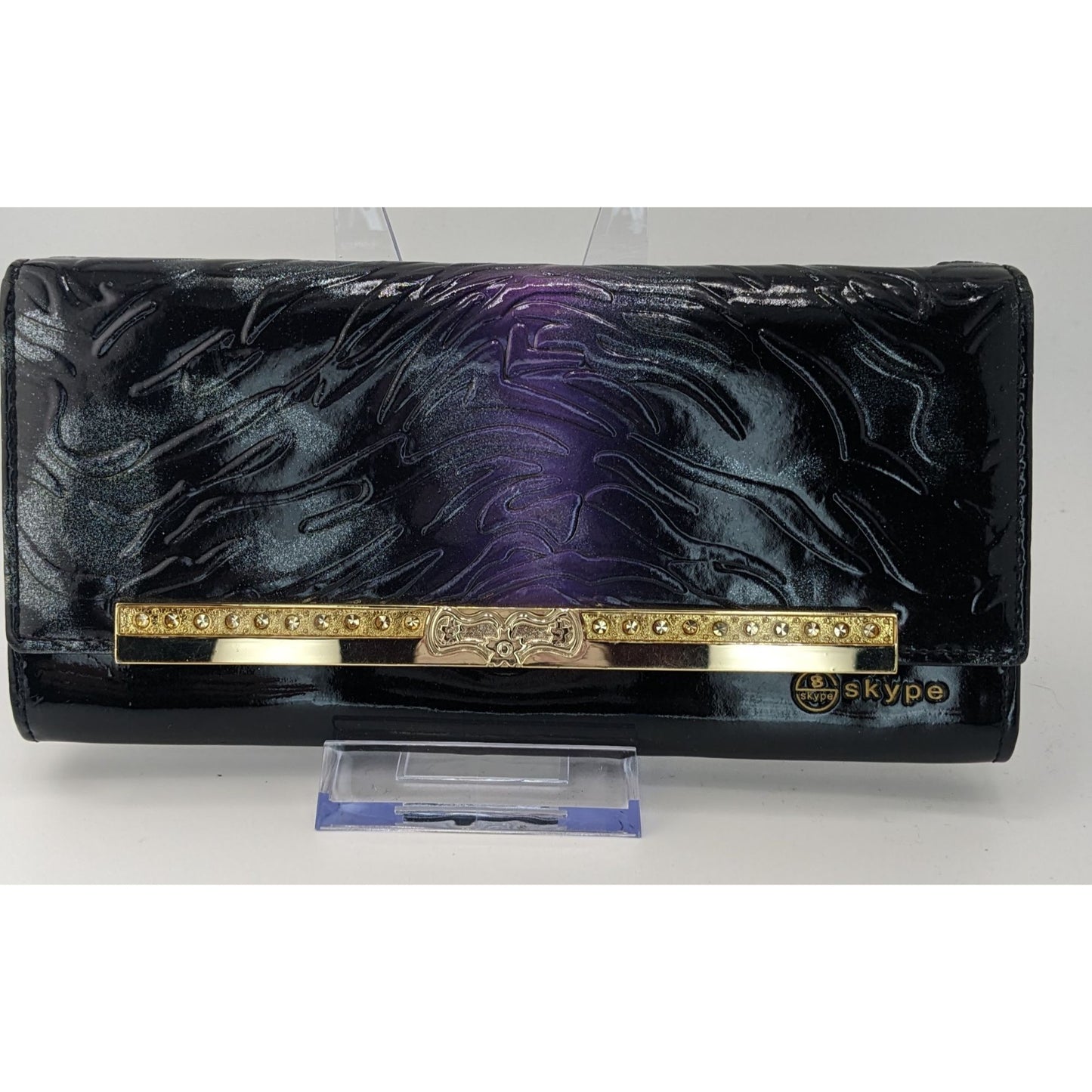 Gothic Skype Black And Purple Embossed Leather Wallet With Gold Accents