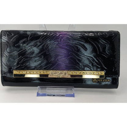 Gothic Skype Black And Purple Embossed Leather Wallet With Gold Accents