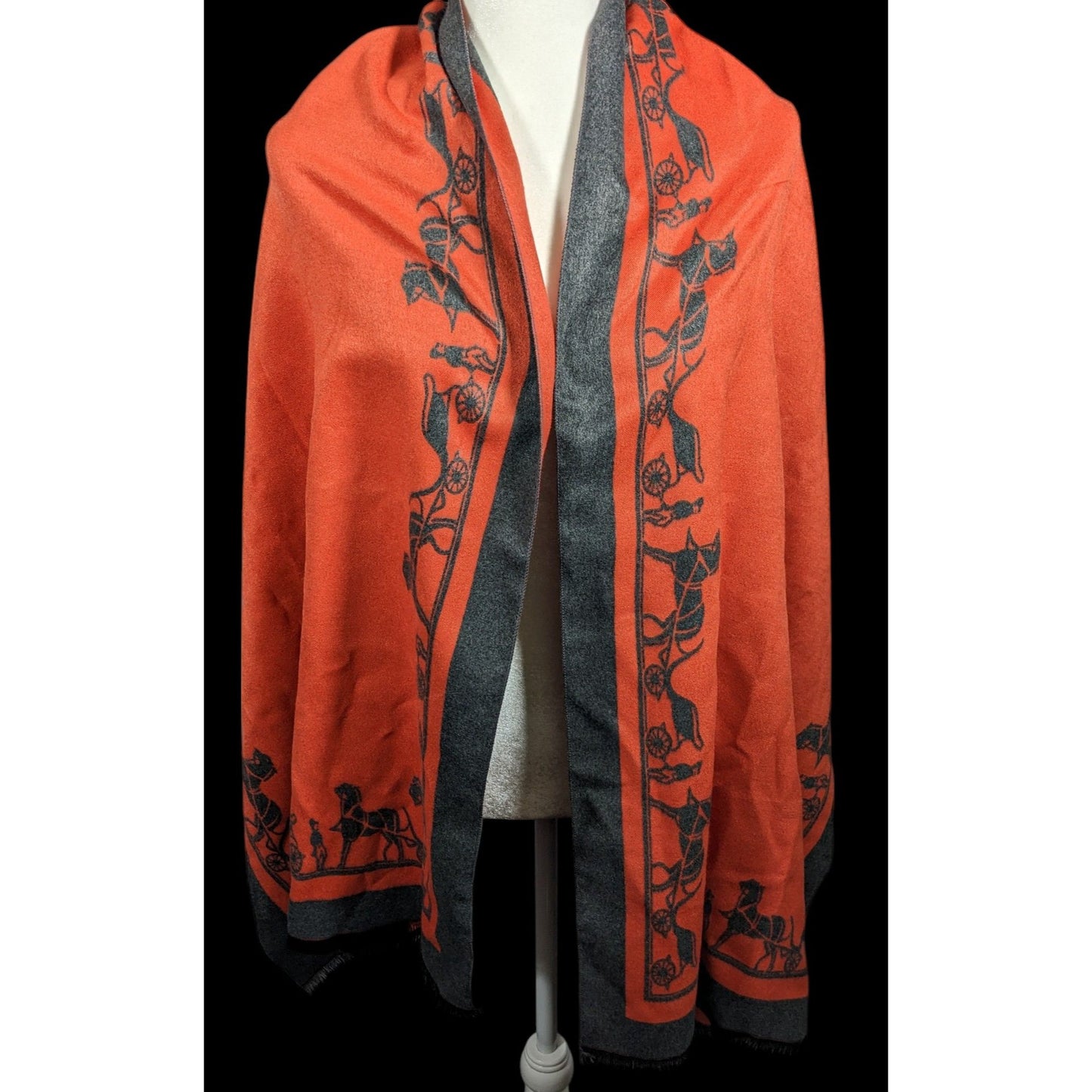 Regency Style Carriage Print Orange And Grey Reversible Shawl/Scarf