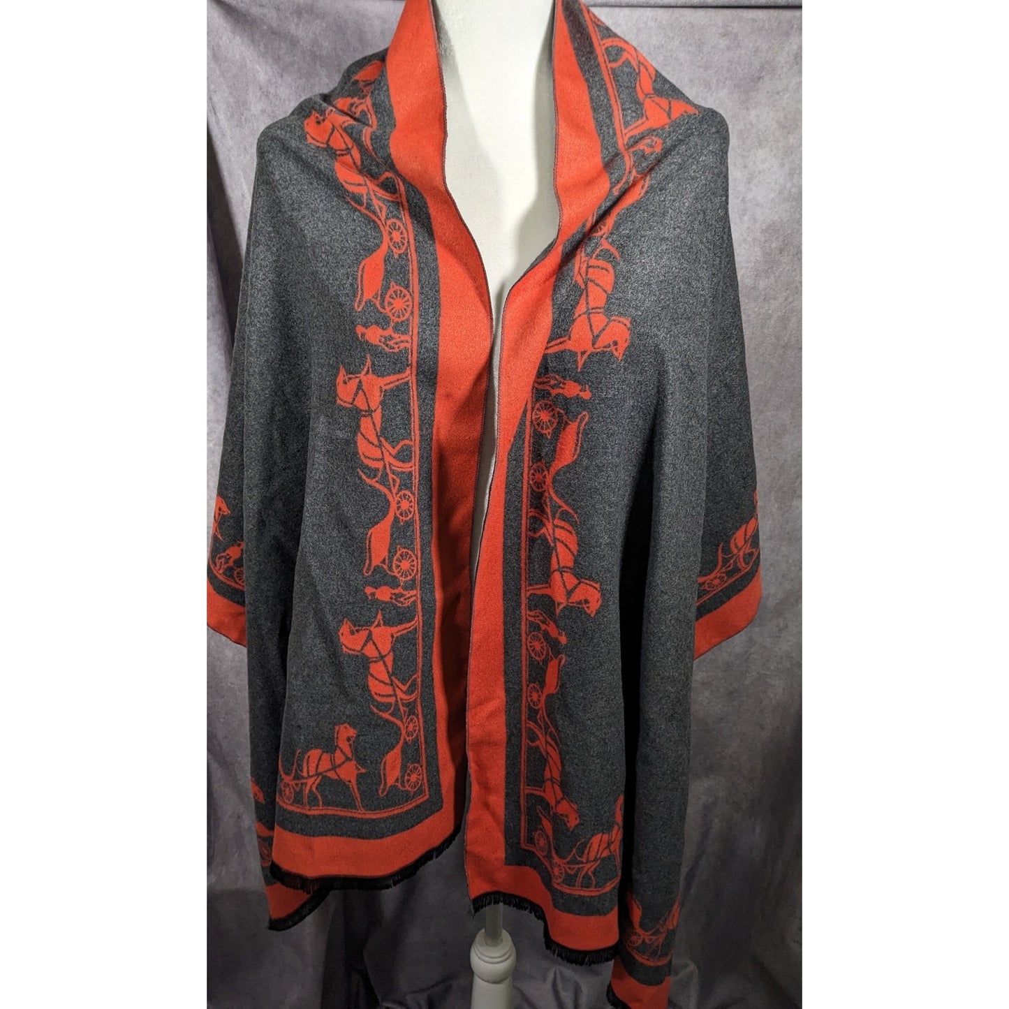 Regency Style Carriage Print Orange And Grey Reversible Shawl/Scarf