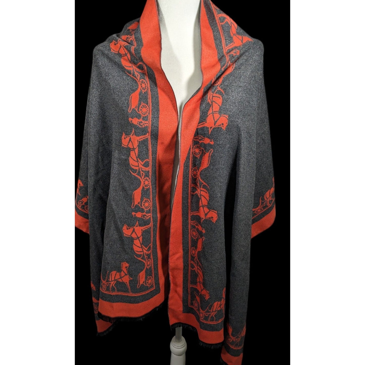 Regency Style Carriage Print Orange And Grey Reversible Shawl/Scarf