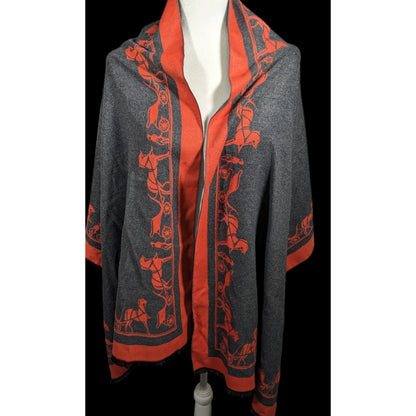 Regency Style Carriage Print Orange And Grey Reversible Shawl/Scarf