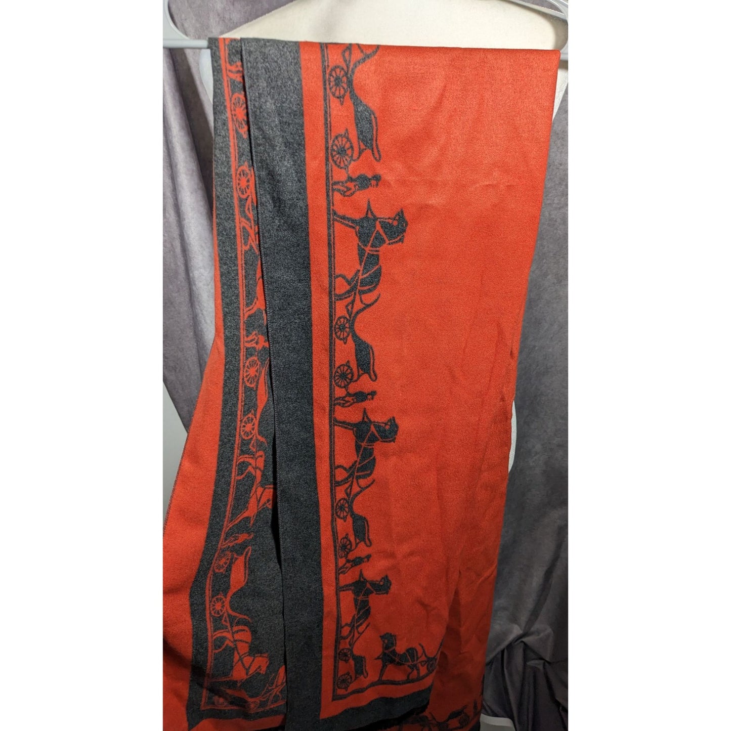 Regency Style Carriage Print Orange And Grey Reversible Shawl/Scarf