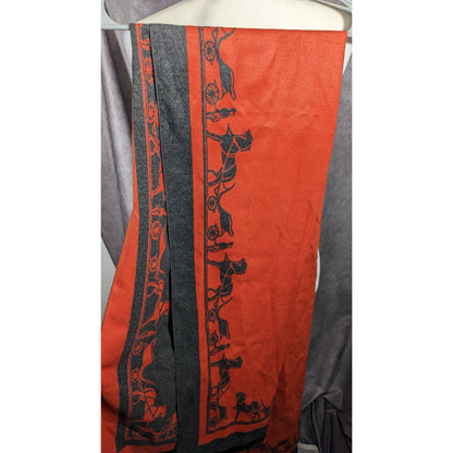 Regency Style Carriage Print Orange And Grey Reversible Shawl/Scarf