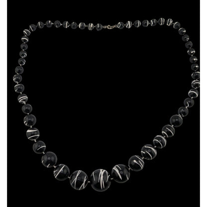 Vintage Abstract Black & White Swirl Graduated Bead Necklace