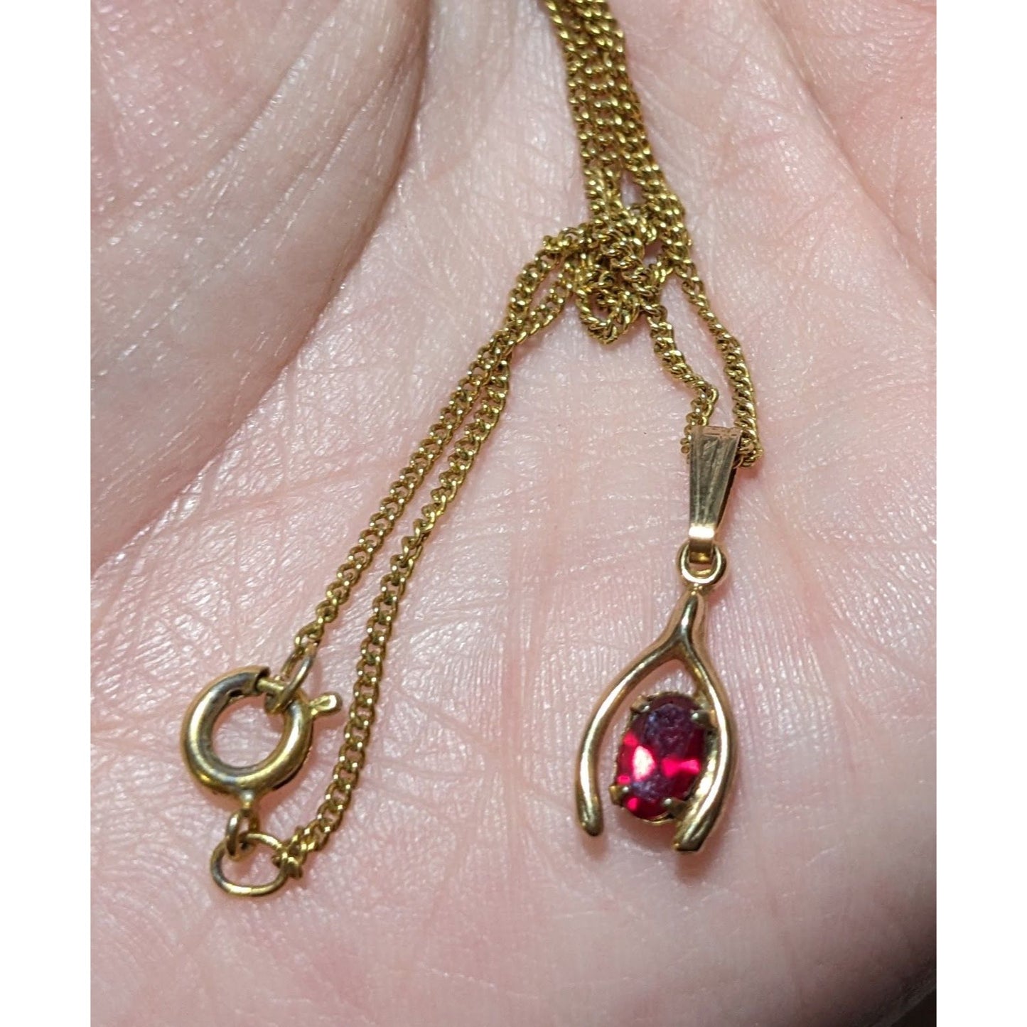 Vintage Minimalist Red And Gold Gemmed Wishbone Necklace