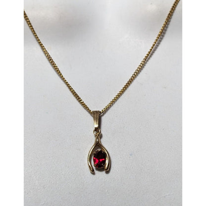 Vintage Minimalist Red And Gold Gemmed Wishbone Necklace