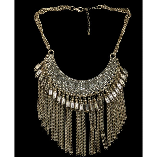 Bohemian Fringe Antiqued Gold Tone Statement Necklace With Chains & Dangling Beads