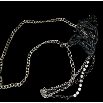 Glam Goth Black And Silver Tone Abstract Chain Necklace With Rhinestone Accents