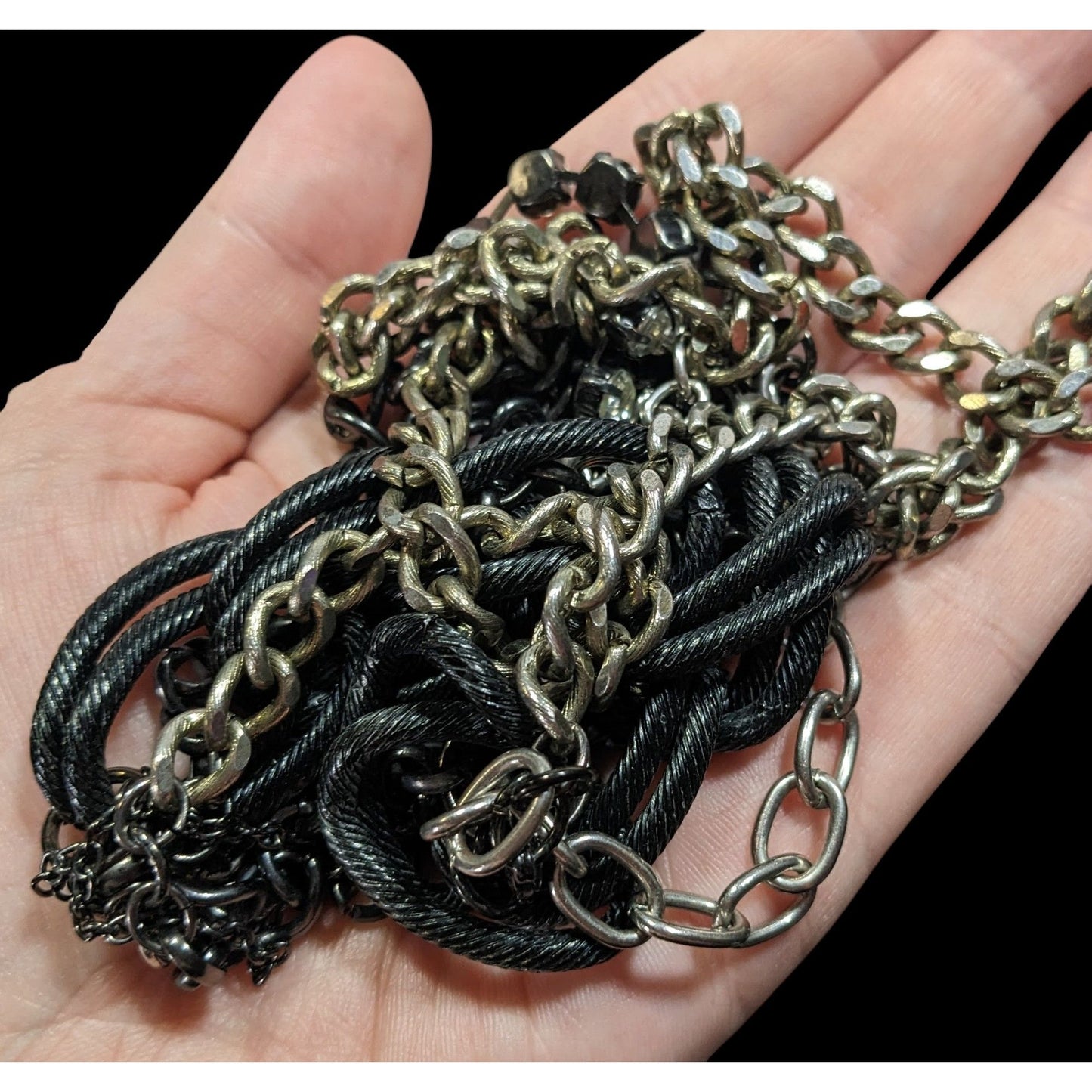 Glam Goth Black And Silver Tone Abstract Chain Necklace With Rhinestone Accents