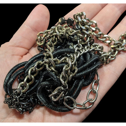 Glam Goth Black And Silver Tone Abstract Chain Necklace With Rhinestone Accents