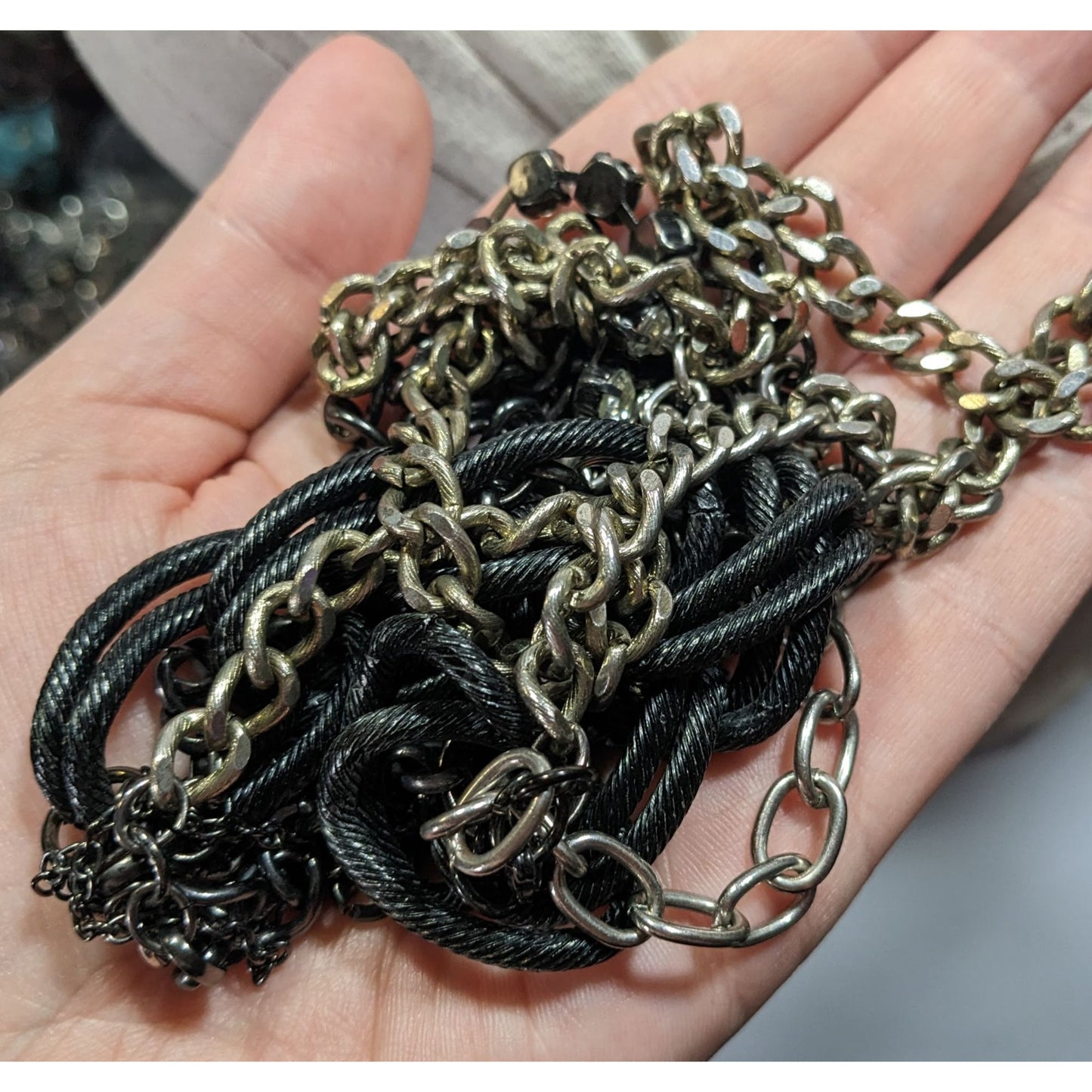 Glam Goth Black And Silver Tone Abstract Chain Necklace With Rhinestone Accents