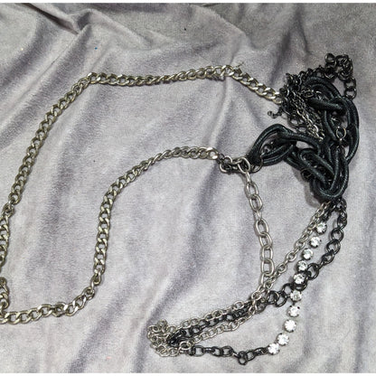 Glam Goth Black And Silver Tone Abstract Chain Necklace With Rhinestone Accents