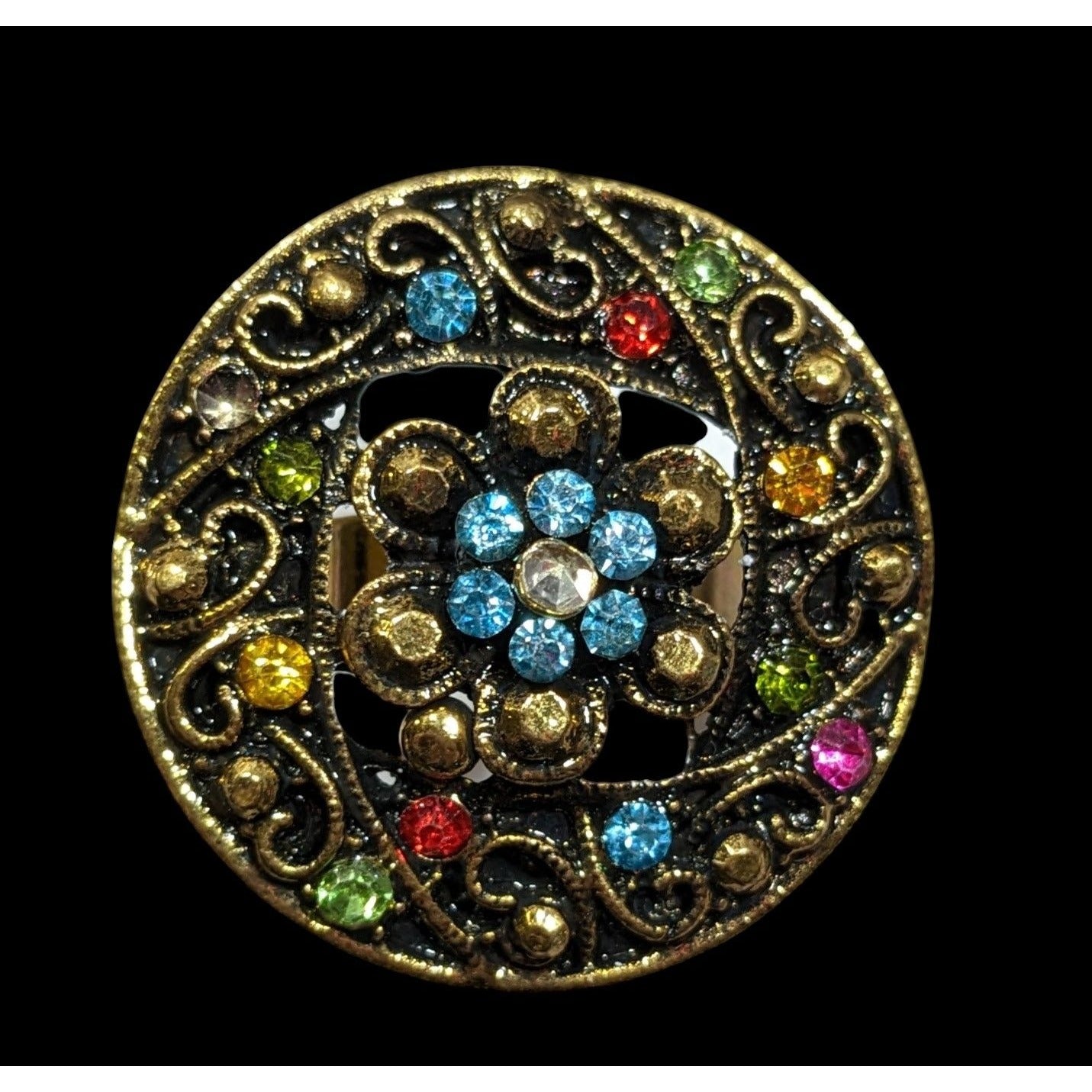 Floral Glam Shield Ring Gold Tone With Rainbow Rhinestones