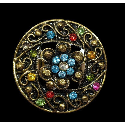 Floral Glam Shield Ring Gold Tone With Rainbow Rhinestones