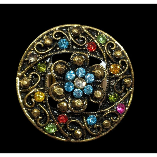 Floral Glam Shield Ring Gold Tone With Rainbow Rhinestones