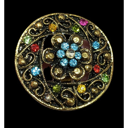 Floral Glam Shield Ring Gold Tone With Rainbow Rhinestones