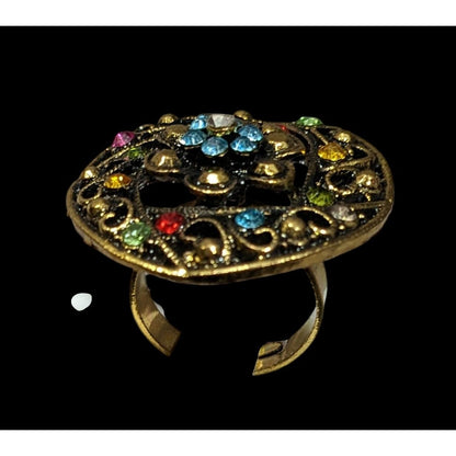 Floral Glam Shield Ring Gold Tone With Rainbow Rhinestones