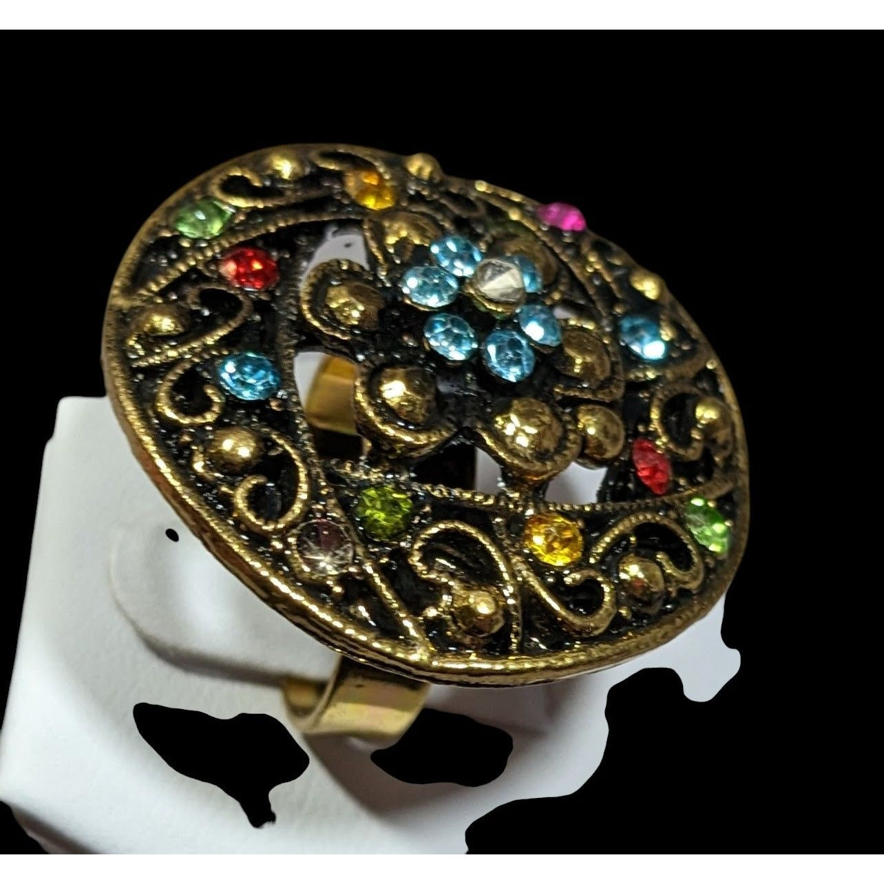 Floral Glam Shield Ring Gold Tone With Rainbow Rhinestones