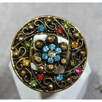 Floral Glam Shield Ring Gold Tone With Rainbow Rhinestones