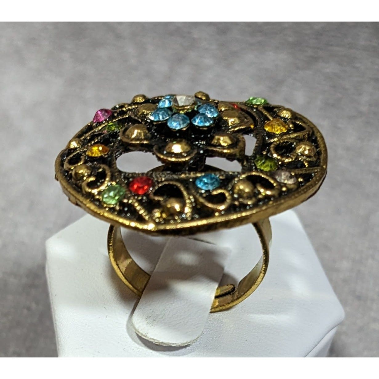 Floral Glam Shield Ring Gold Tone With Rainbow Rhinestones