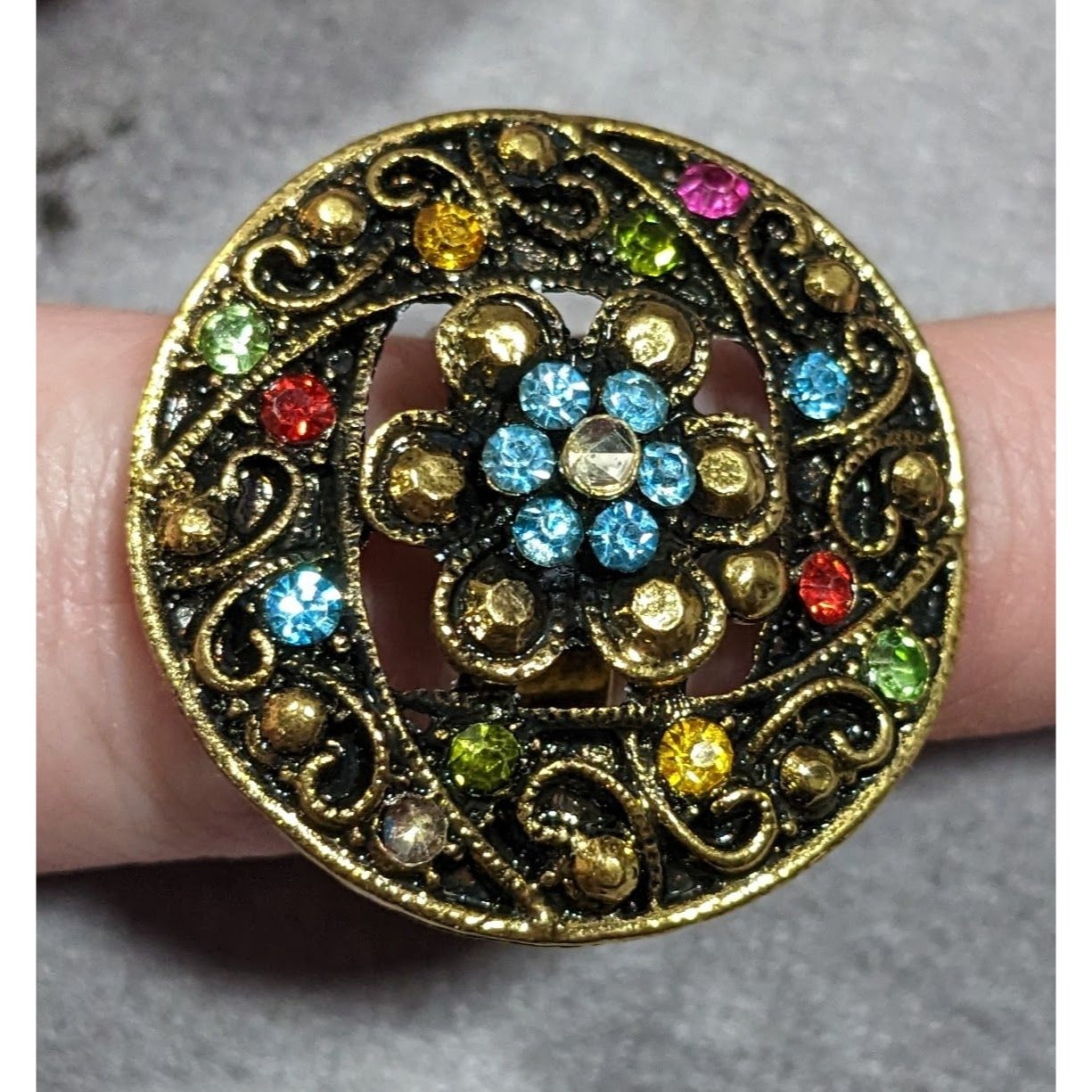 Floral Glam Shield Ring Gold Tone With Rainbow Rhinestones