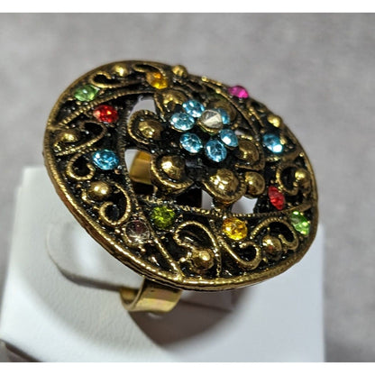 Floral Glam Shield Ring Gold Tone With Rainbow Rhinestones