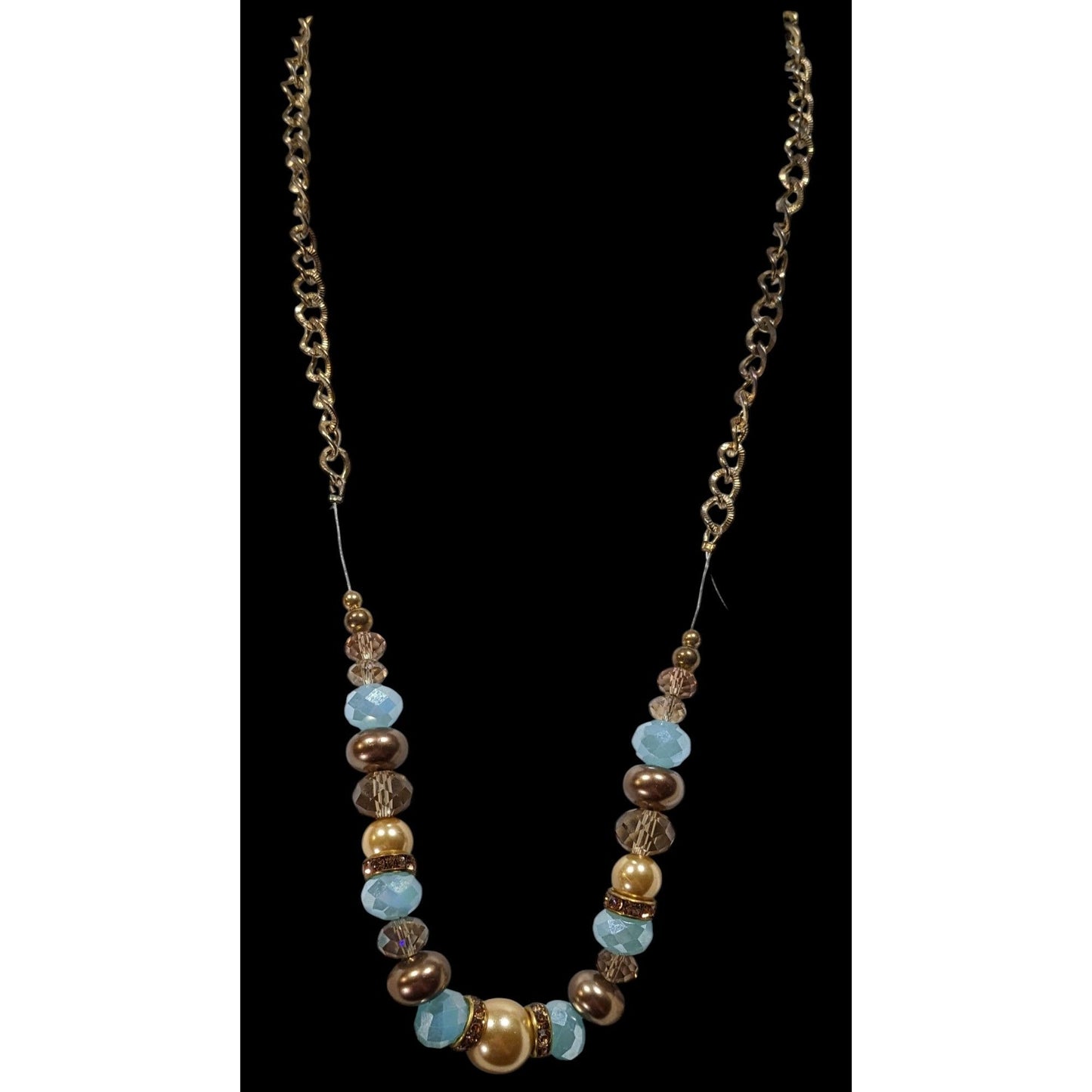 Handmade Glam Glass And Faux Pearl Beaded Blue And Gold Tone Necklace