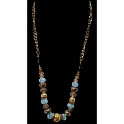 Handmade Glam Glass And Faux Pearl Beaded Blue And Gold Tone Necklace