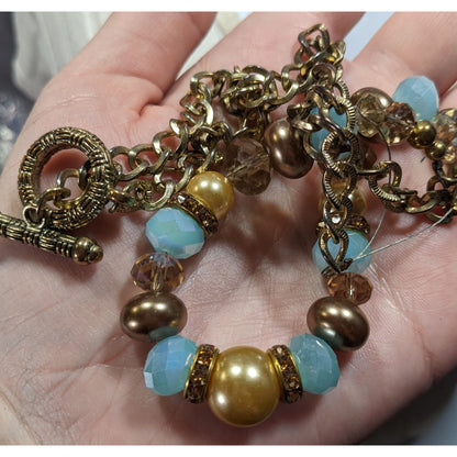Handmade Glam Glass And Faux Pearl Beaded Blue And Gold Tone Necklace