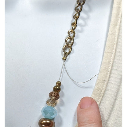 Handmade Glam Glass And Faux Pearl Beaded Blue And Gold Tone Necklace