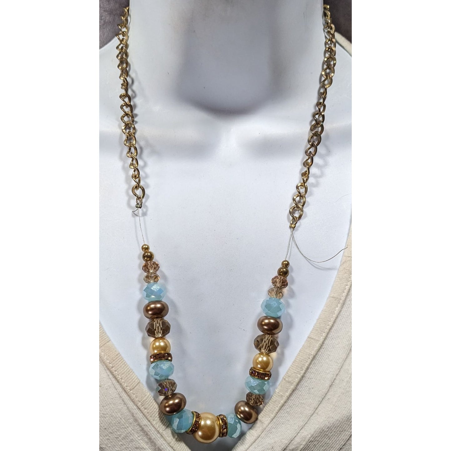 Handmade Glam Glass And Faux Pearl Beaded Blue And Gold Tone Necklace