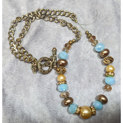 Handmade Glam Glass And Faux Pearl Beaded Blue And Gold Tone Necklace