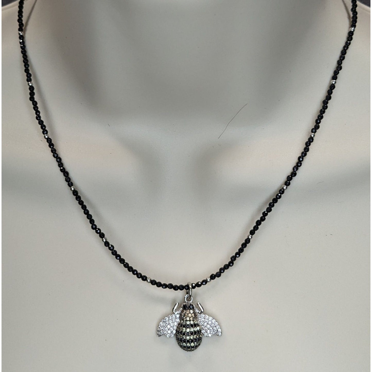 Goth 925 Rhinestone Bee Pendant Black Beaded Necklace Sparkly Insect Jewelry