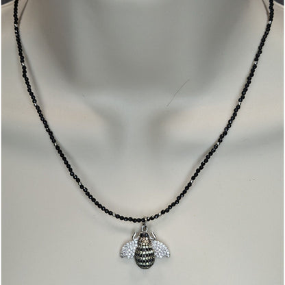 Goth 925 Rhinestone Bee Pendant Black Beaded Necklace Sparkly Insect Jewelry