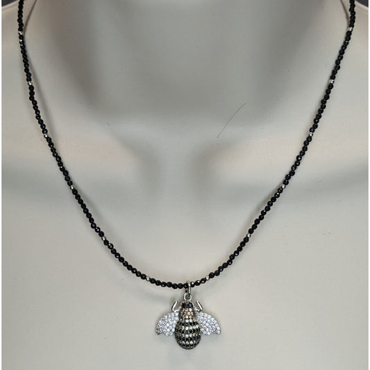 Goth 925 Rhinestone Bee Pendant Black Beaded Necklace Sparkly Insect Jewelry