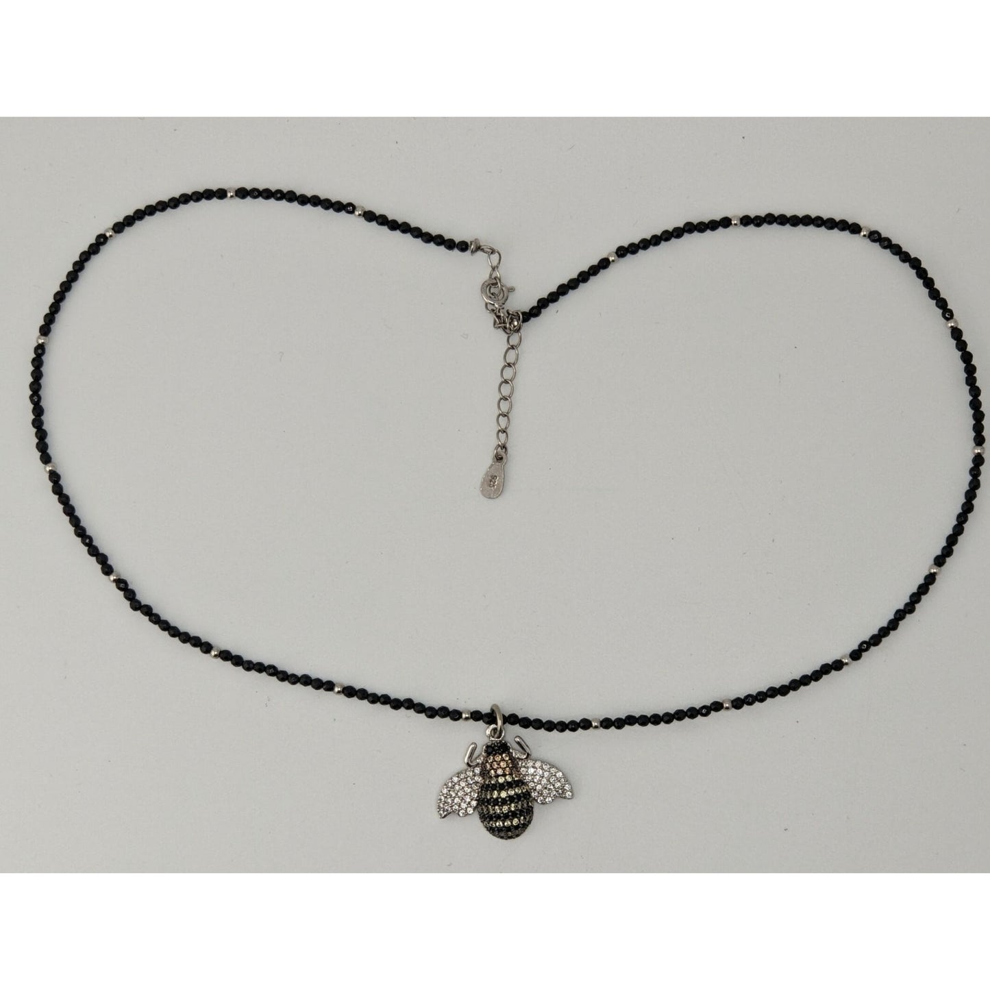 Goth 925 Rhinestone Bee Pendant Black Beaded Necklace Sparkly Insect Jewelry