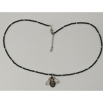 Goth 925 Rhinestone Bee Pendant Black Beaded Necklace Sparkly Insect Jewelry