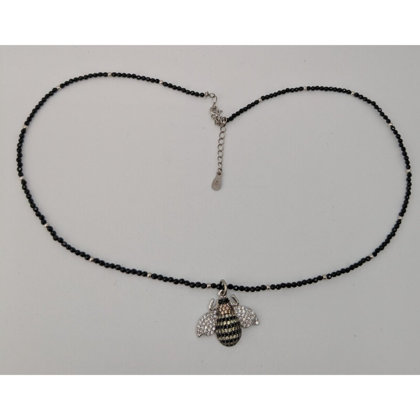 Goth 925 Rhinestone Bee Pendant Black Beaded Necklace Sparkly Insect Jewelry